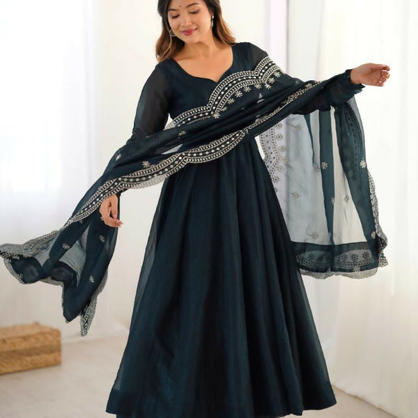 Joban Fashion Blue Chinnon Silk Sequence Embroidery Work Readymade Kurta Set