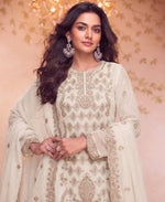 Thumbnail for KC Heavy Embroidery Worked Two Ton Moss Silk White Suit For Women - Dista