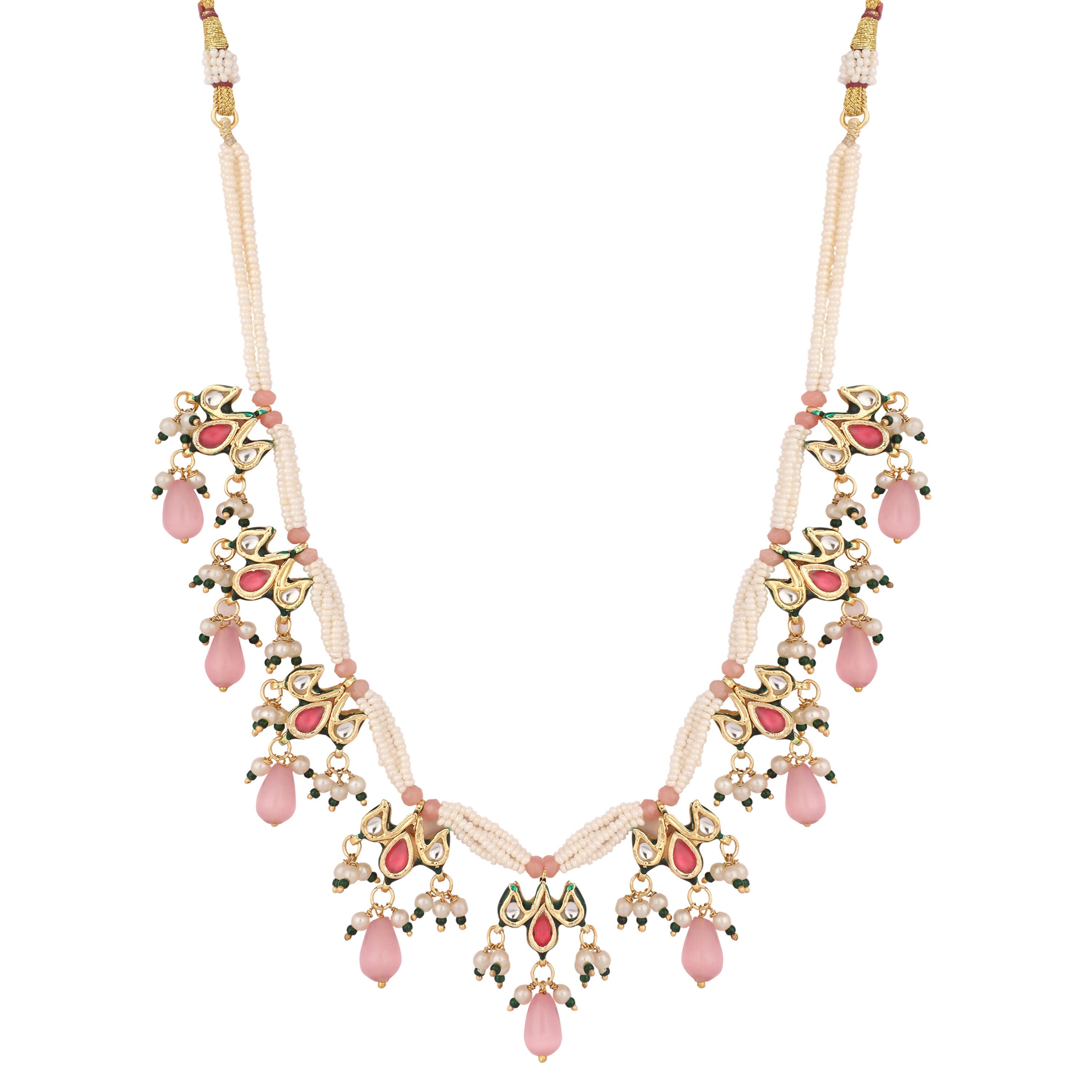 Nuyug 22K Gold Plated Pearl Empress Flora Pink Stone Drops Necklace Set