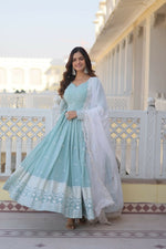 Thumbnail for Jyoti Fashion Women's Turquoise Faux Georgette Sequins Thread Embroidery Anarkali Dress with Dupatta - Distacart