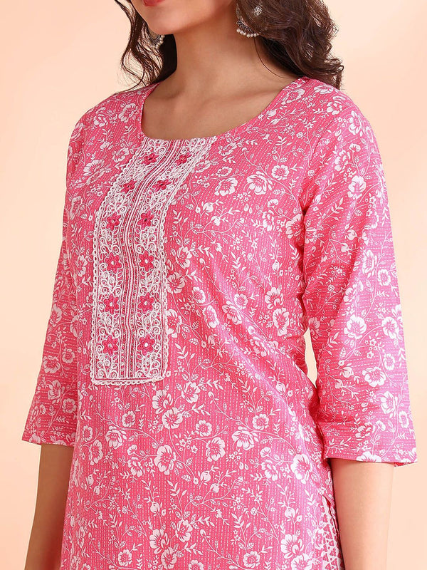 Ode by House of Pataudi Thread Work Pure Cotton Straight Kurta with Trousers & Dupatta - Distacart