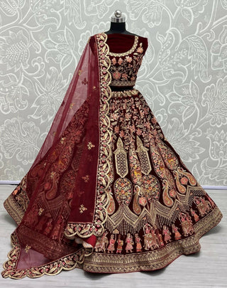 Jyoti Fashion Women's Maroon Velvet Multi Thread Embroidered with Zircon Diamond Work Wedding Lehenga Choli - Distacart