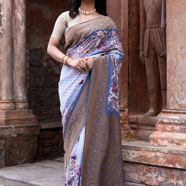 Joban Fashion Dusty Blue Crepe Chiffon Pure Handloom Banarasi Silk Saree