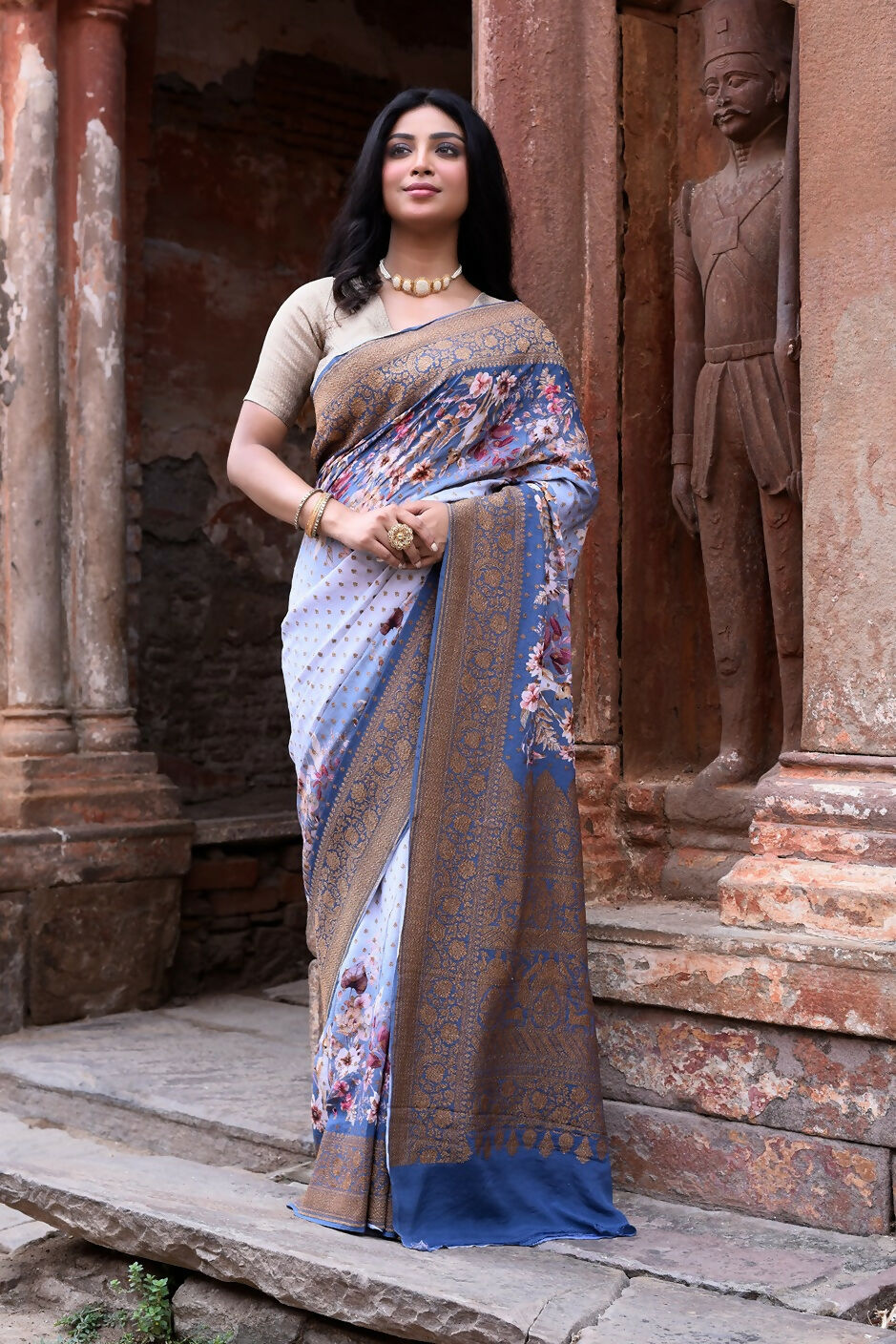 Joban Fashion Dusty Blue Crepe Chiffon Pure Handloom Banarasi Silk Saree - Dista