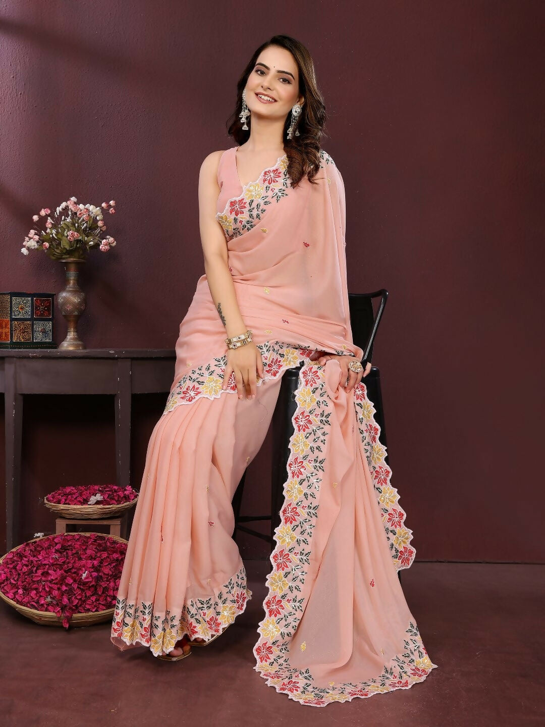 Ai Fashion Cream Soft Star Georgette Embroidery Party Wear Saree