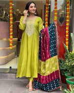 Thumbnail for The52 Lemons Women's Gorgeous Embroidered Viscose Chanderi Fabric Straight Kurta Pant with Dupatta Set - Distacart
