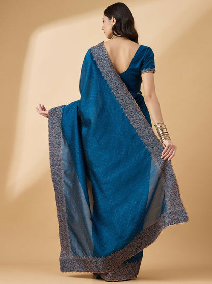Blue Silk Blend Embroidered Saree with Unstitched Blouse - Vairagi - Distacart