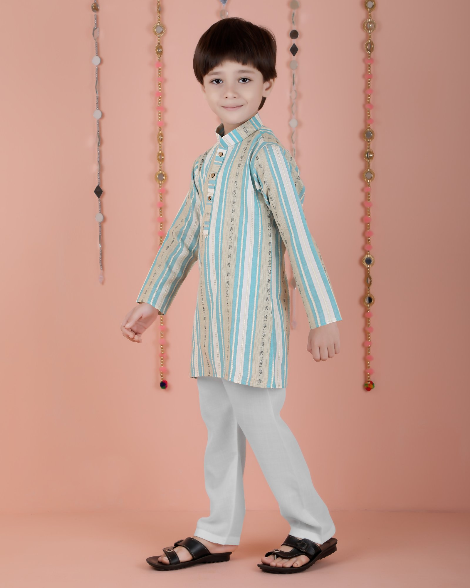 Joban Fashion Kids Island Cotton Full Sleeves Striped Kurta and Pyjama- Blue - Distacart