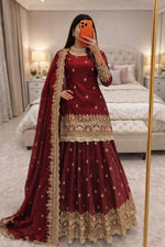 Thumbnail for Teeya Creation Maroon Color Fendy Satin Heavy Embroidery Work Wedding Wear Stitched Lehenga Choli - Distacart