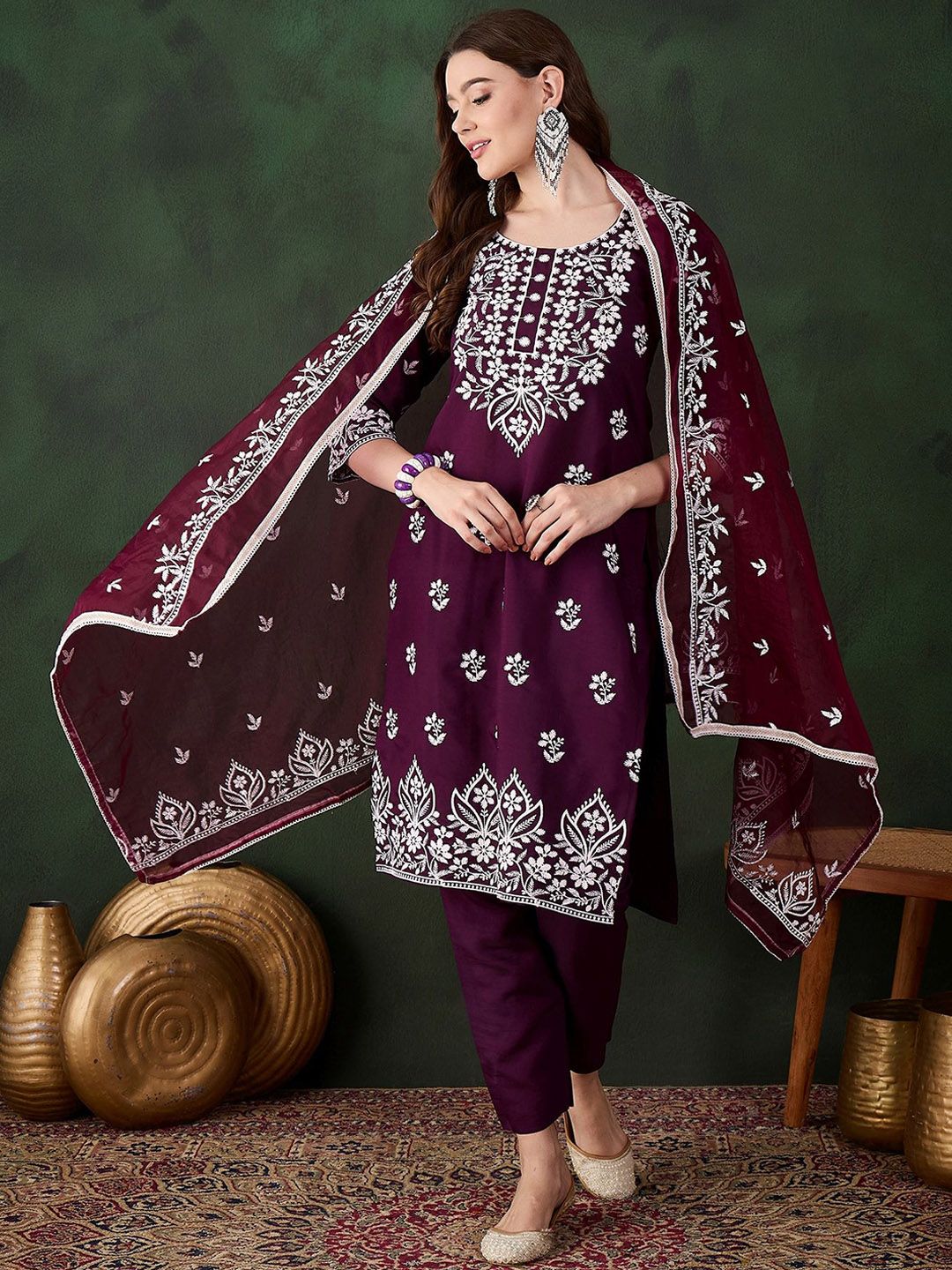 Sangria Purple Floral Embroidered Thread Work Pure Cotton Kurta & Trouser With Dupatta - Distacart