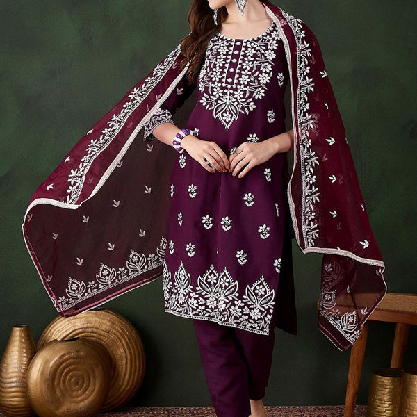 Sangria Purple Floral Embroidered Thread Work Pure Cotton Kurta & Trouser With Dupatta - Distacart