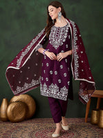 Thumbnail for Sangria Purple Floral Embroidered Thread Work Pure Cotton Kurta & Trouser With Dupatta