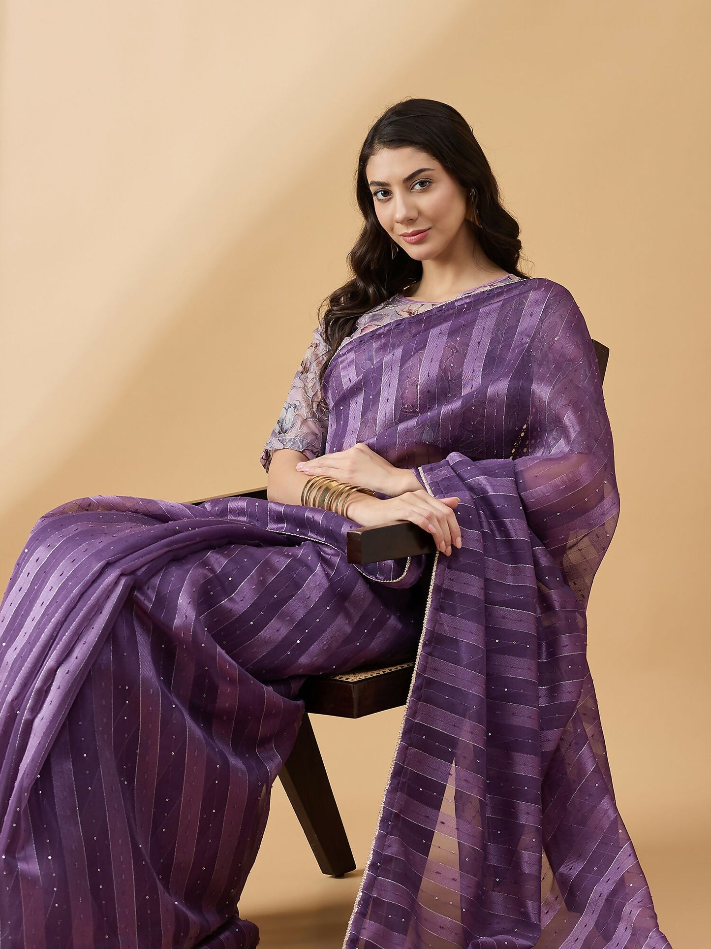 Purple Cotton Blend Sequence Work Saree with Stitched Blouse - Dharavi - Distacart