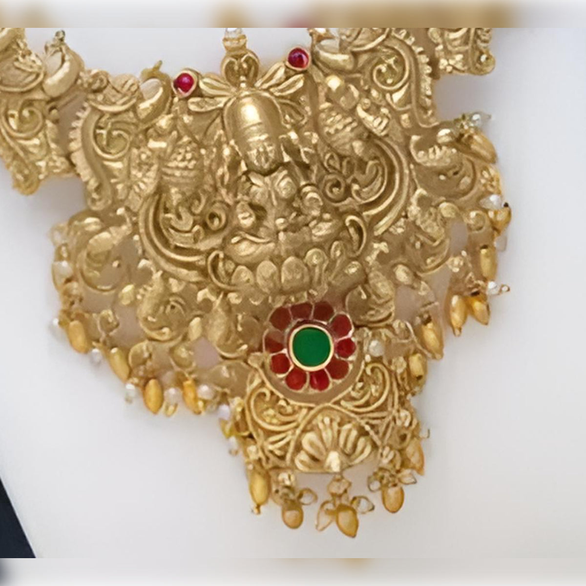 Jewel City Traditional Temple Design Gold Necklace Set with Red and Green Stone Accents - Bridal Jewelry