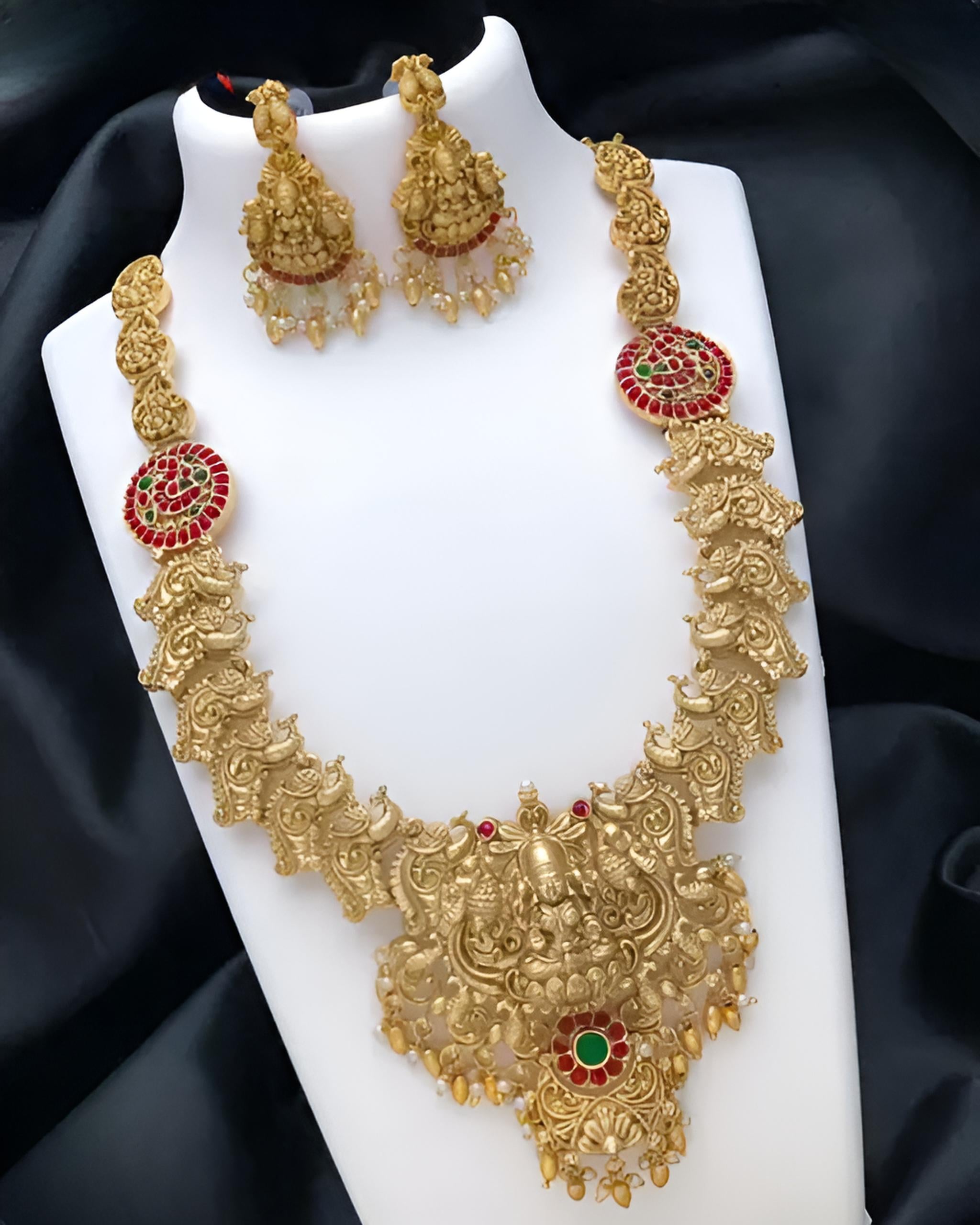Jewel City Traditional Temple Design Gold Necklace Set with Red and Green Stone Accents - Bridal Jewelry