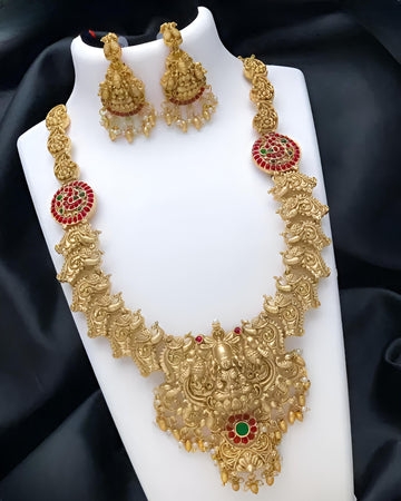 Jewel City Traditional Temple Design Gold Necklace Set with Red and Green Stone Accents - Bridal Jewelry - Distacart