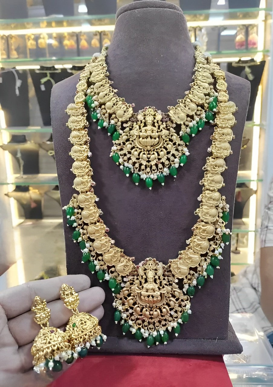 Jewel City Exquisite Traditional Gold-Plated Necklace Set with Emerald Beads - Distacart