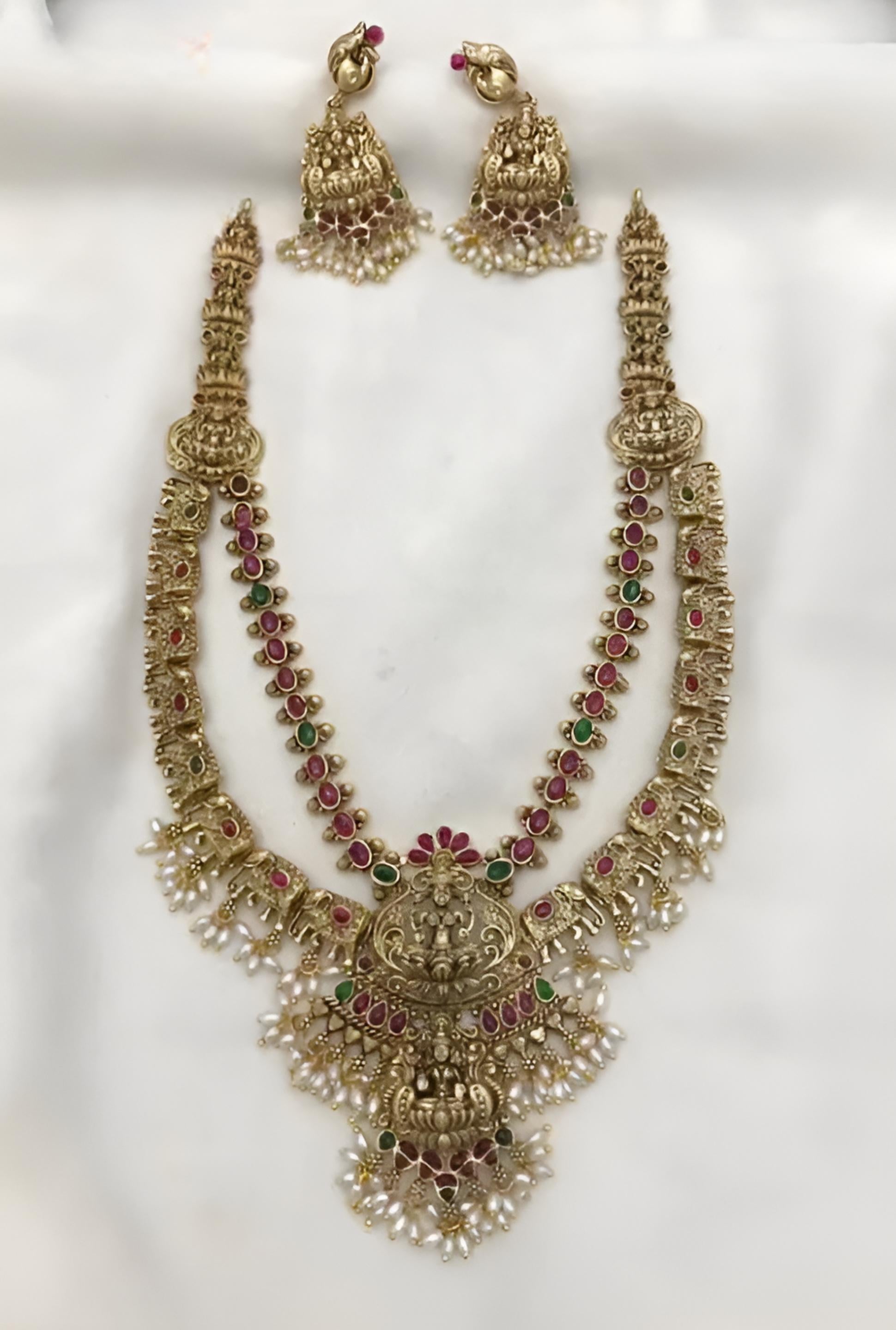Jewel City Exquisite Gold-Plated Bridal Necklace and Earrings Set with Ruby and Emerald Accents