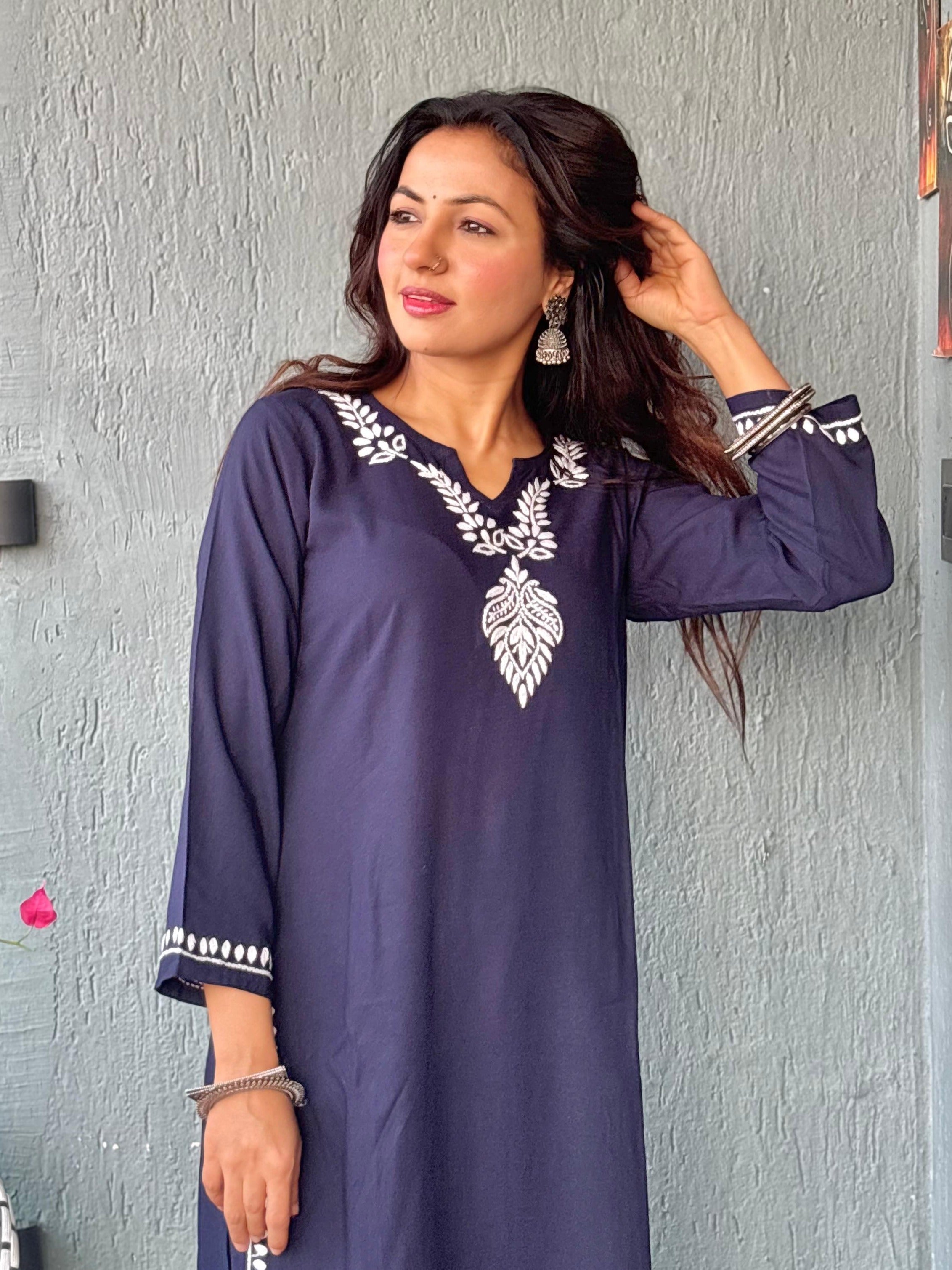 Gharana India Luxury Rayon Navy Blue Chikankari Kurta Set