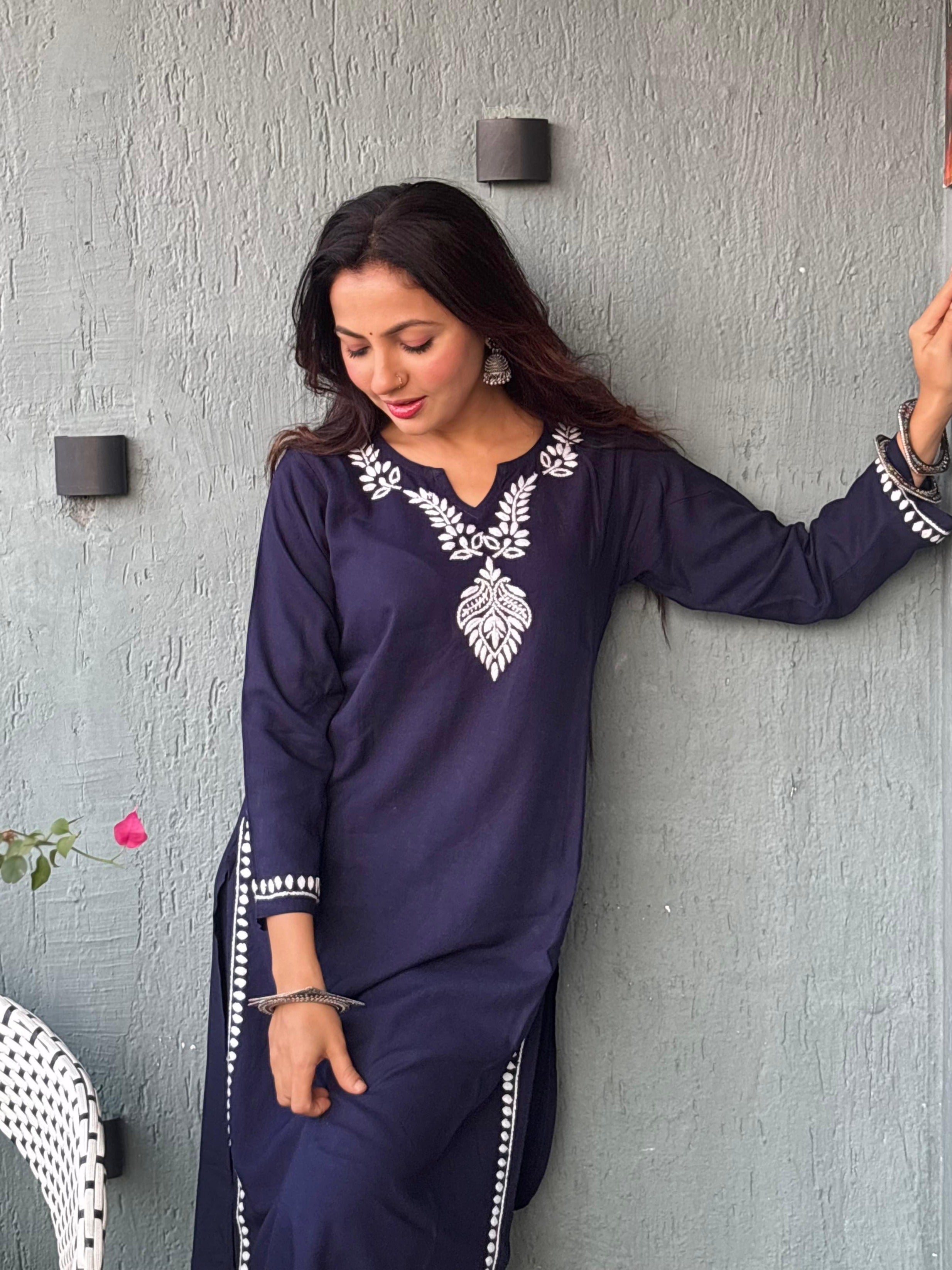 Gharana India Luxury Rayon Navy Blue Chikankari Kurta Set