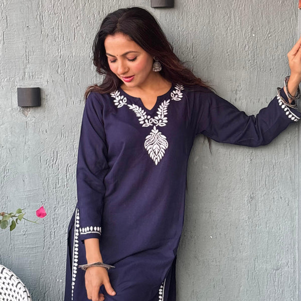 Gharana India Luxury Rayon Navy Blue Chikankari Kurta Set