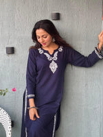 Thumbnail for Gharana India Luxury Rayon Navy Blue Chikankari Kurta Set