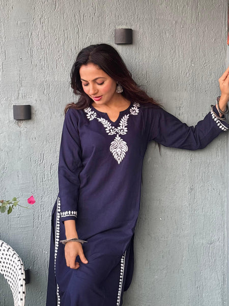 Gharana India Luxury Rayon Navy Blue Chikankari Kurta Set