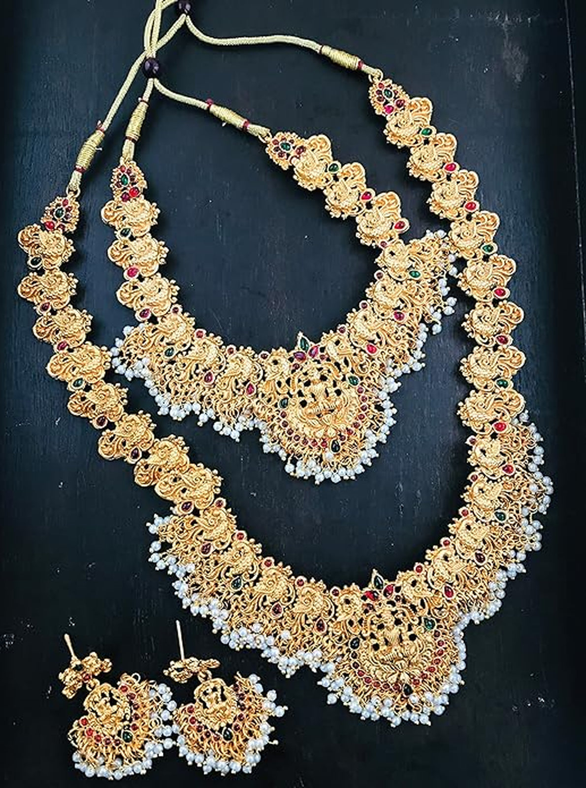 Jewel City Gold-Plated Traditional Goddess Lakshmi Temple Jewellery Bridal Set with Ruby Stone Long Haram Double Necklace Set