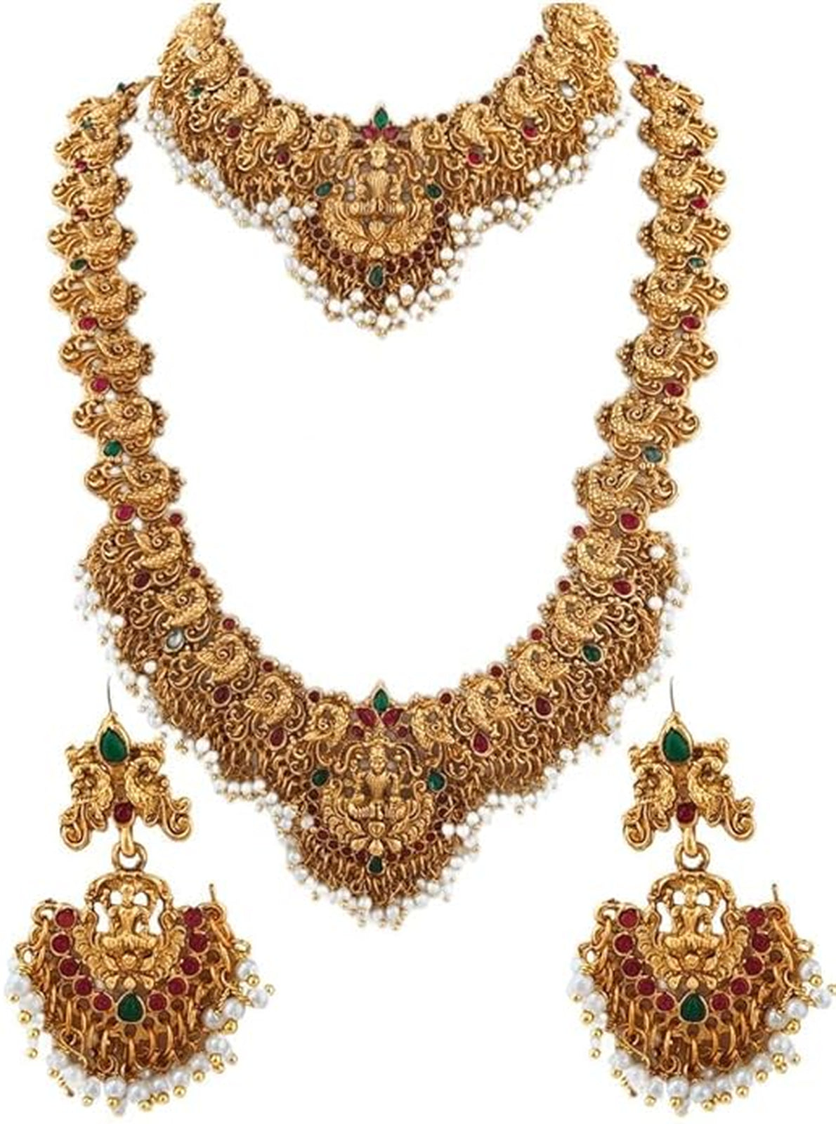 Jewel City Gold-Plated Traditional Goddess Lakshmi Temple Jewellery Bridal Set with Ruby Stone Long Haram Double Necklace Set