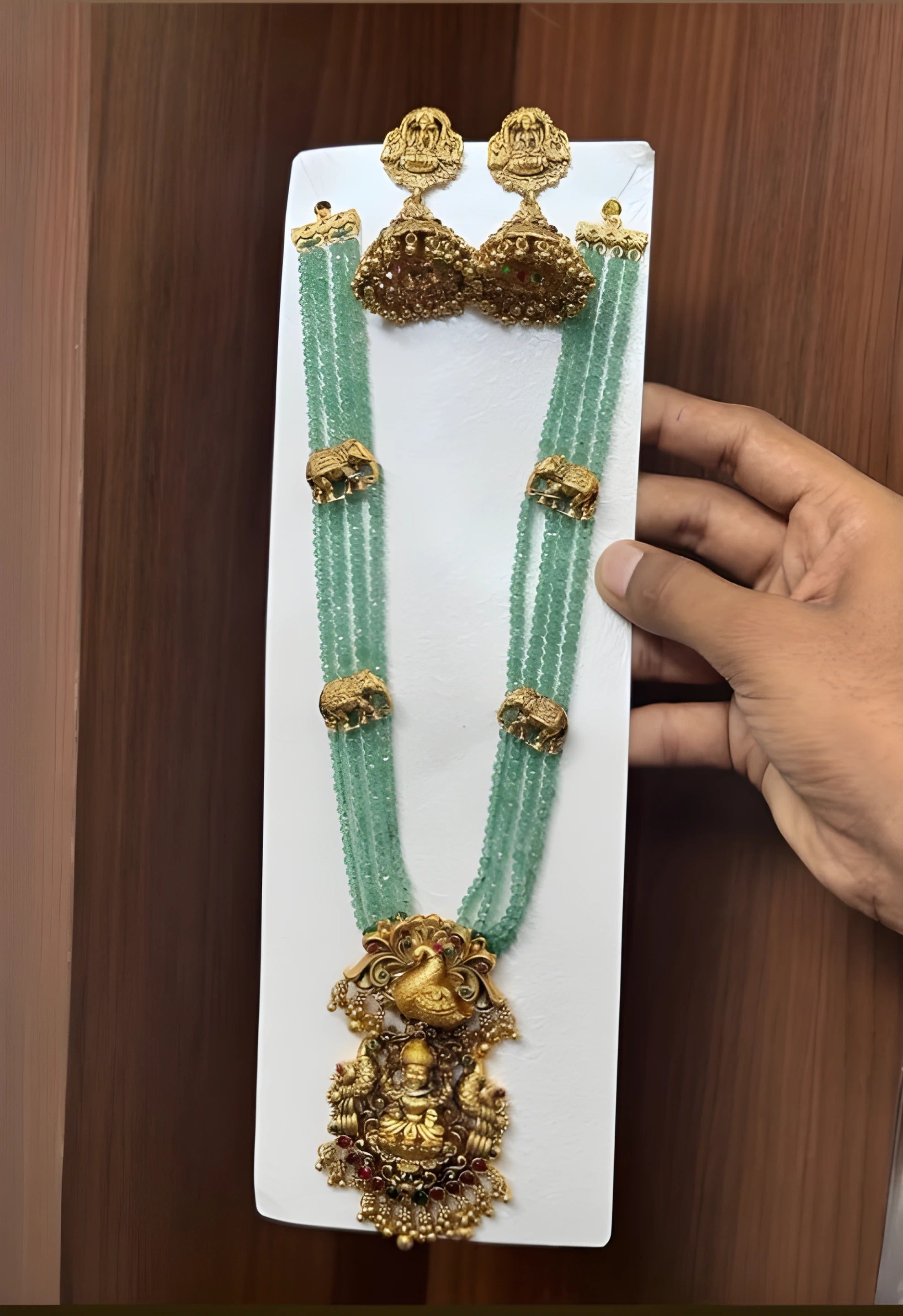 Jewel City Luxurious Emerald Green Temple Goddess Kundan Jewelry Set - Handcrafted Gold-Plated Bridal Necklace with Jhumka Earrings