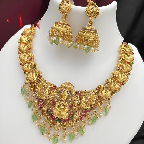 Jewel City Opulent Gold Peacock Lakshmi Temple Necklace Set - Handcrafted Antique Finish Bridal Jewelry with Emerald & Pearl Accent - Distacart
