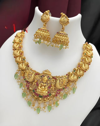Jewel City Opulent Gold Peacock Lakshmi Temple Necklace Set - Handcrafted Antique Finish Bridal Jewelry with Emerald & Pearl Accent