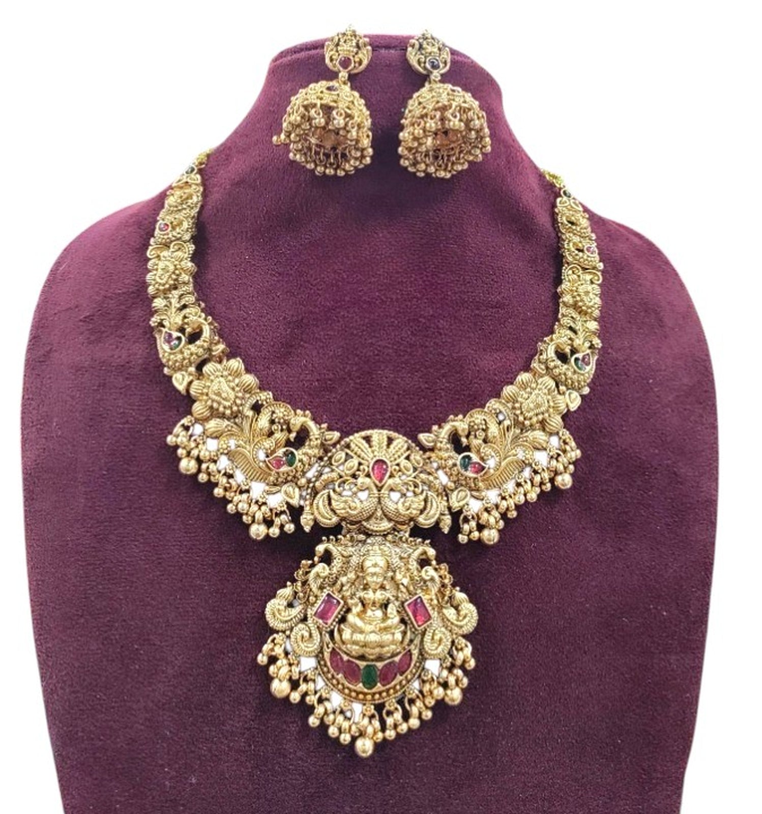 Jewel City Gold Lakshmi Temple Necklace Set - Bridal Jewelry with Ruby and Emerald Accents