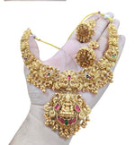 Thumbnail for Jewel City Gold Lakshmi Temple Necklace Set - Bridal Jewelry with Ruby and Emerald Accents