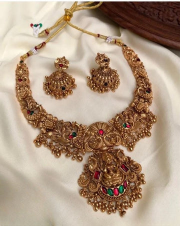 Jewel City Gold Lakshmi Temple Necklace Set - Bridal Jewelry with Ruby and Emerald Accents - Distacart