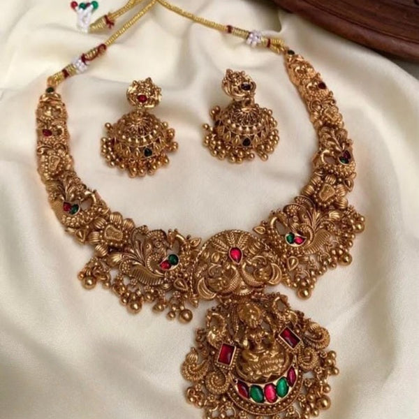 Jewel City Gold Lakshmi Temple Necklace Set - Bridal Jewelry with Ruby and Emerald Accents - Distacart