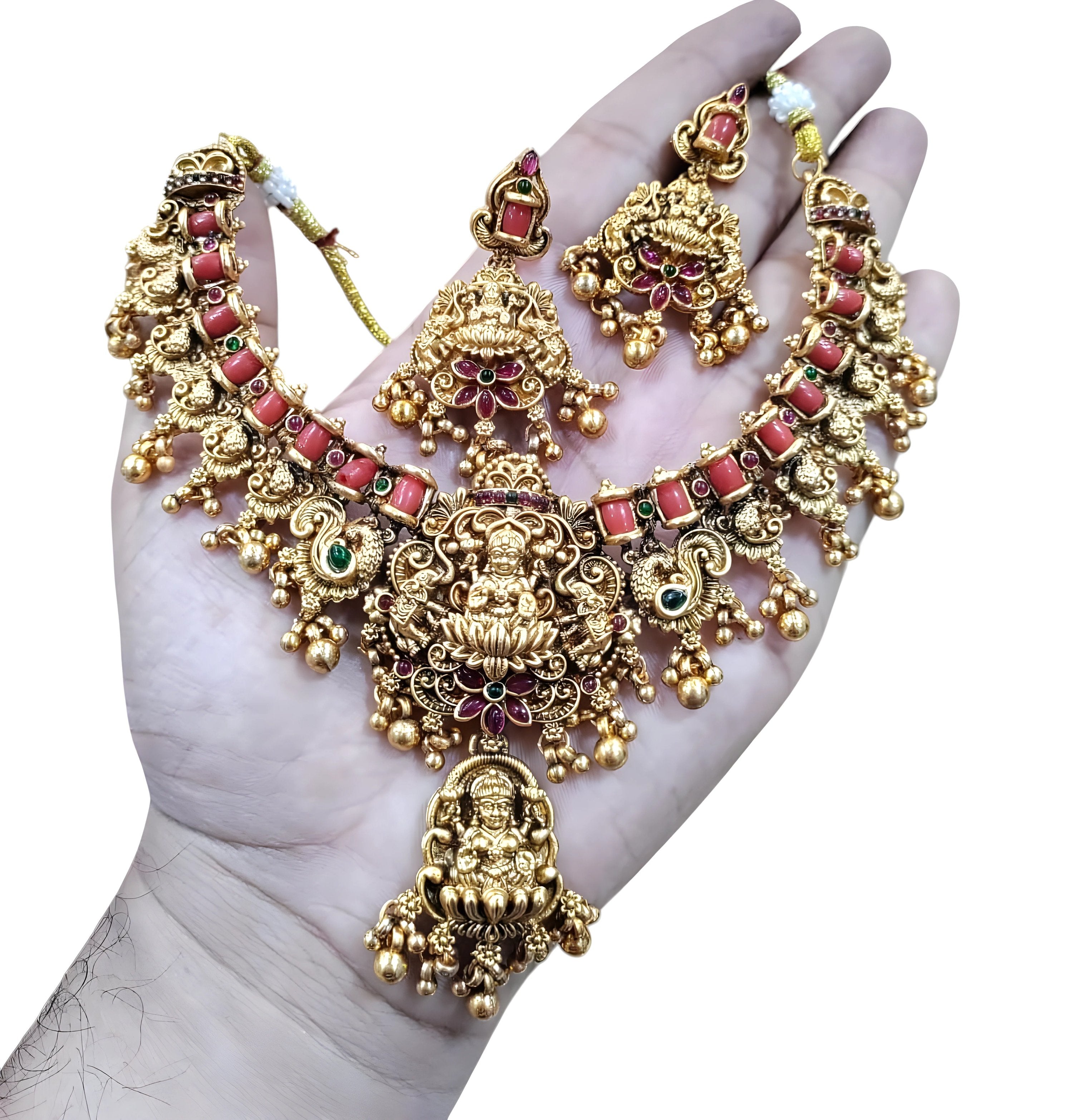 Jewel City Opulent Lotus Lakshmi Temple Necklace Set - Antique Gold Kundan Bridal Jewelry with Ruby and Emerald Accents