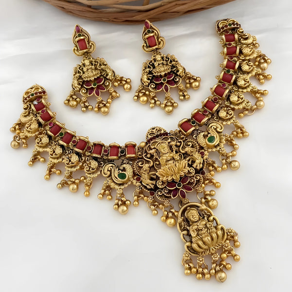 Jewel City Opulent Lotus Lakshmi Temple Necklace Set - Antique Gold Kundan Bridal Jewelry with Ruby and Emerald Accents - Distacart