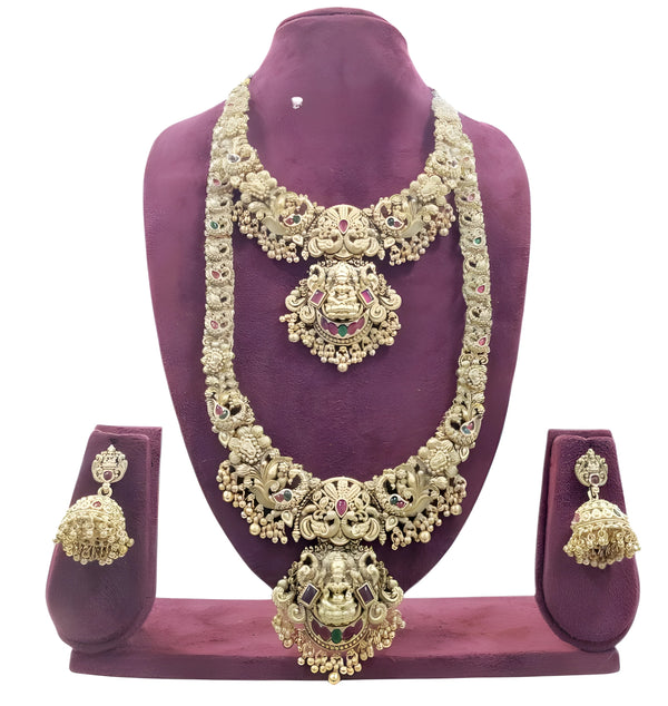 Jewel City Majestic Two-Tier Lakshmi Temple Necklace Set - Antique Gold Bridal Jewelry with Multi-Stone Accents