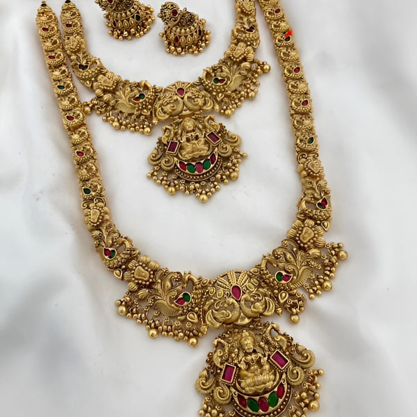 Jewel City Majestic Two-Tier Lakshmi Temple Necklace Set - Antique Gold Bridal Jewelry with Multi-Stone Accents - Distacart