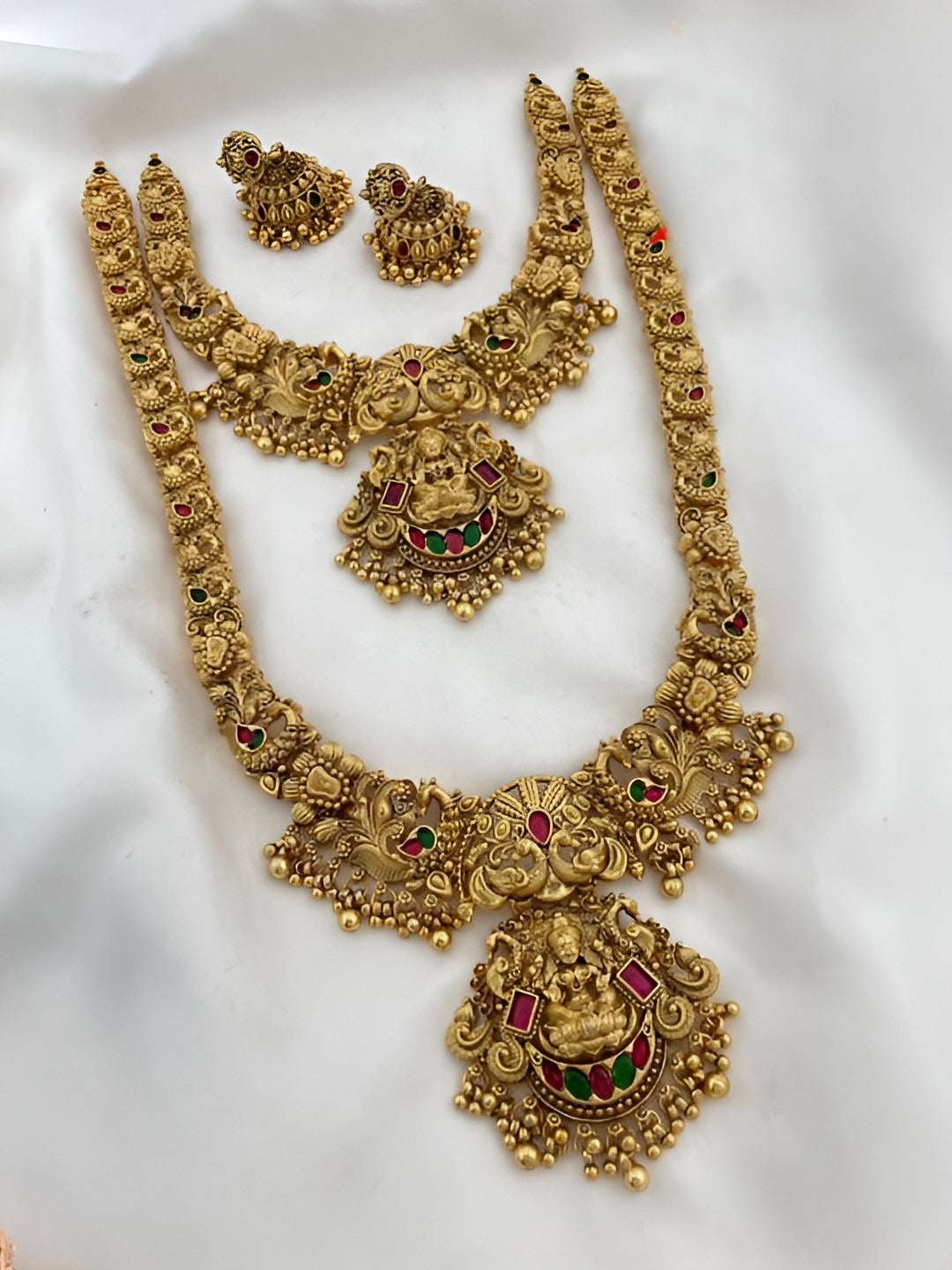 Jewel City Majestic Two-Tier Lakshmi Temple Necklace Set - Antique Gold Bridal Jewelry with Multi-Stone Accents