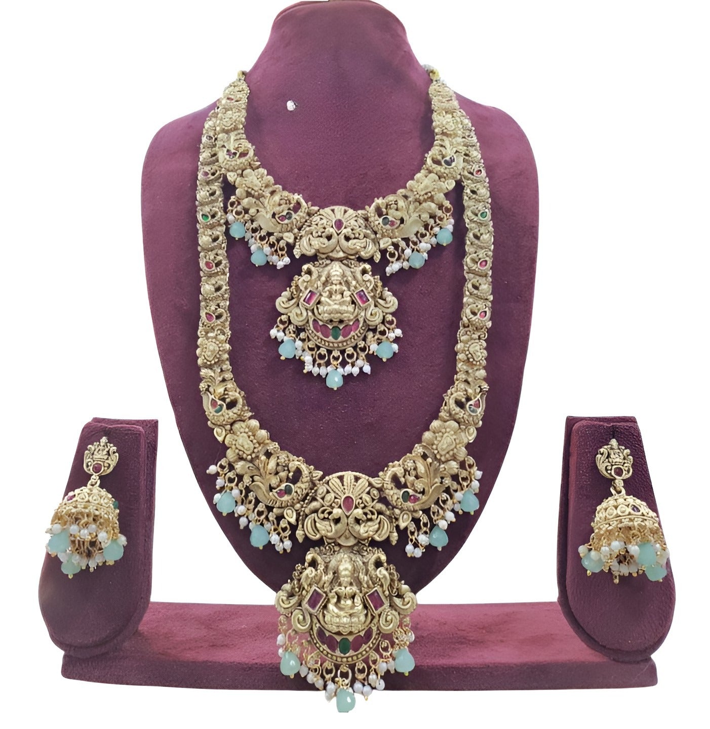 Jewel City Elegant Antique Gold Temple Jewelry Necklace Set - Carved Lakshmi Design Perfect for Wedding & Festive Occasions