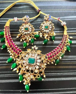 Thumbnail for Jewel City Traditional Kundan Choker Necklace Set - Green Drops & Red Accent - Handcrafted Gold-Plated Bridal Jewelry with Earrings