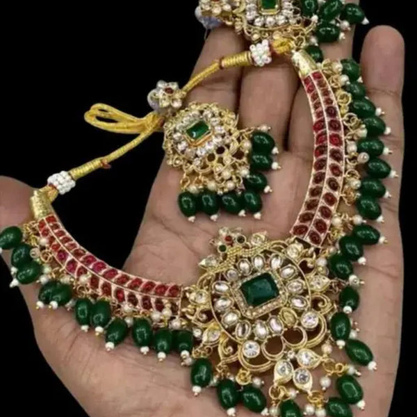 Jewel City Traditional Kundan Choker Necklace Set - Green Drops & Red Accent - Handcrafted Gold-Plated Bridal Jewelry with Earrings - Distacart