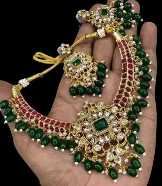 Jewel City Traditional Kundan Choker Necklace Set - Green Drops & Red Accent - Handcrafted Gold-Plated Bridal Jewelry with Earrings