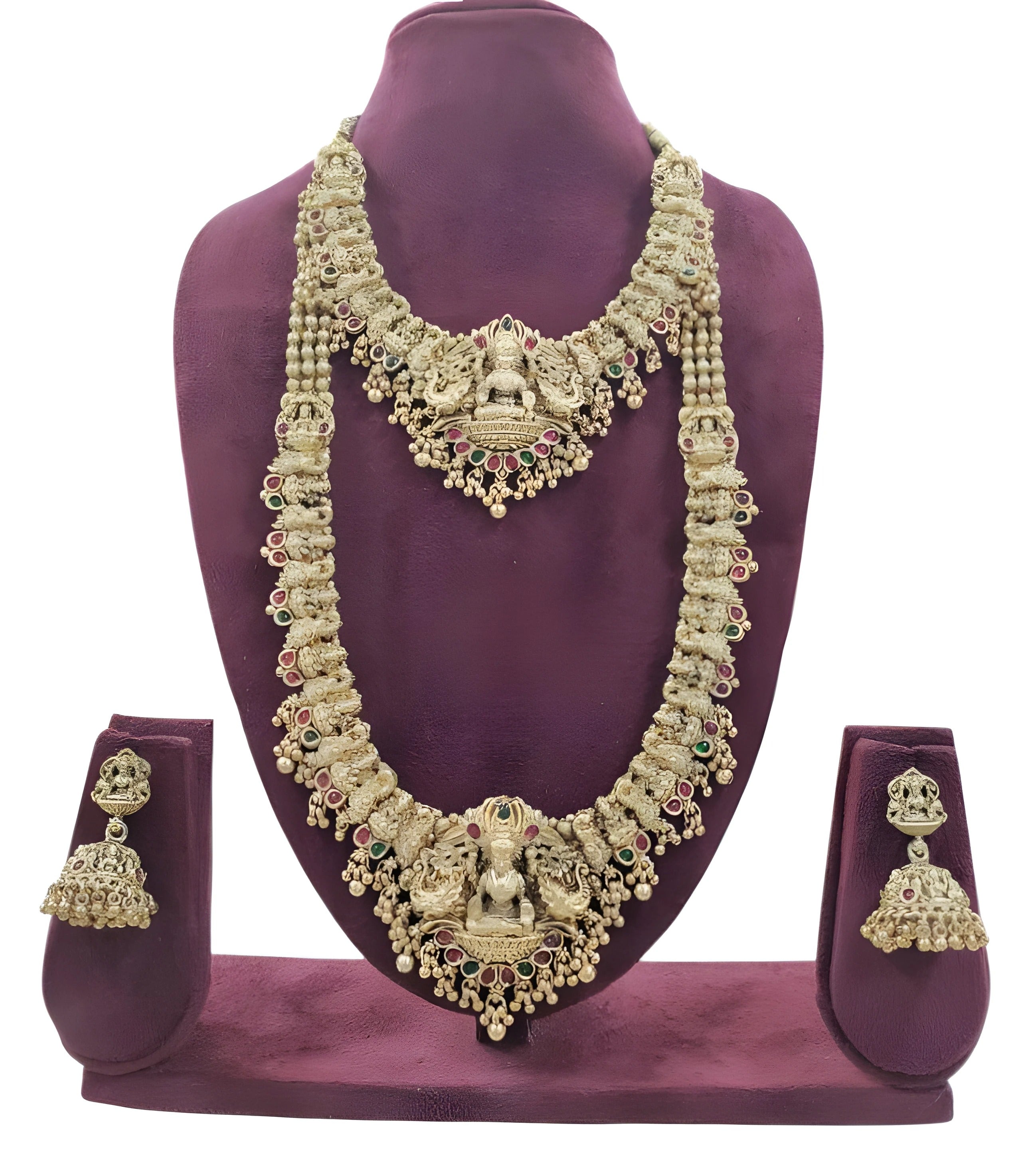 Jewel City Premium Goddess Lakshmi Temple Jewelry Long Necklace Set- Antique Gold Bridal Haaram with Multi-Colored Gemstone Accents