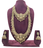 Thumbnail for Jewel City Premium Goddess Lakshmi Temple Jewelry Long Necklace Set- Antique Gold Bridal Haaram with Multi-Colored Gemstone Accents