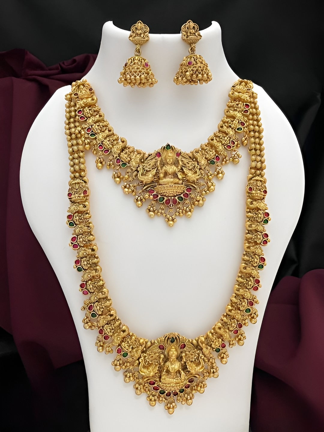 Jewel City Premium Goddess Lakshmi Temple Jewelry Long Necklace Set- Antique Gold Bridal Haaram with Multi-Colored Gemstone Accents