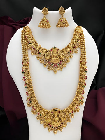 Jewel City Premium Goddess Lakshmi Temple Jewelry Long Necklace Set- Antique Gold Bridal Haaram with Multi-Colored Gemstone Accents - Distacart