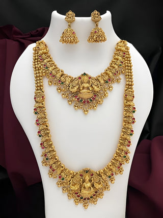 Jewel City Premium Goddess Lakshmi Temple Jewelry Long Necklace Set- Antique Gold Bridal Haaram with Multi-Colored Gemstone Accents
